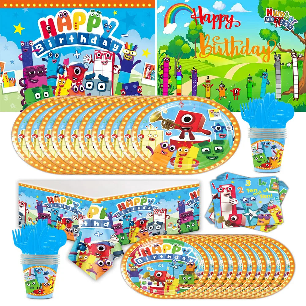 Cartoon Number Building Blocks Theme Birthday Party Decoration Disposable Tableware Cup Napkin Baby Shower Background Kids Gifts