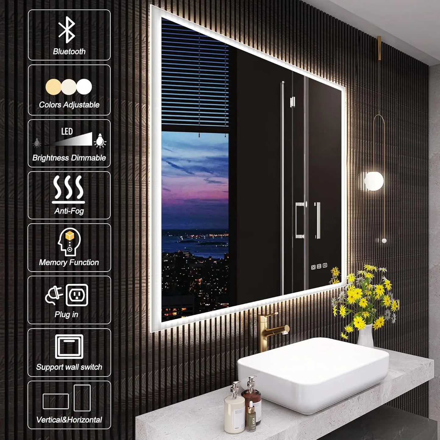 LED-Bathroom-Mirror, 28"x36" Bluetooth-Bathroom-Mirror-with-Lights, Anti-Fog 3 Colors Dimmable Light Memory Waterproof