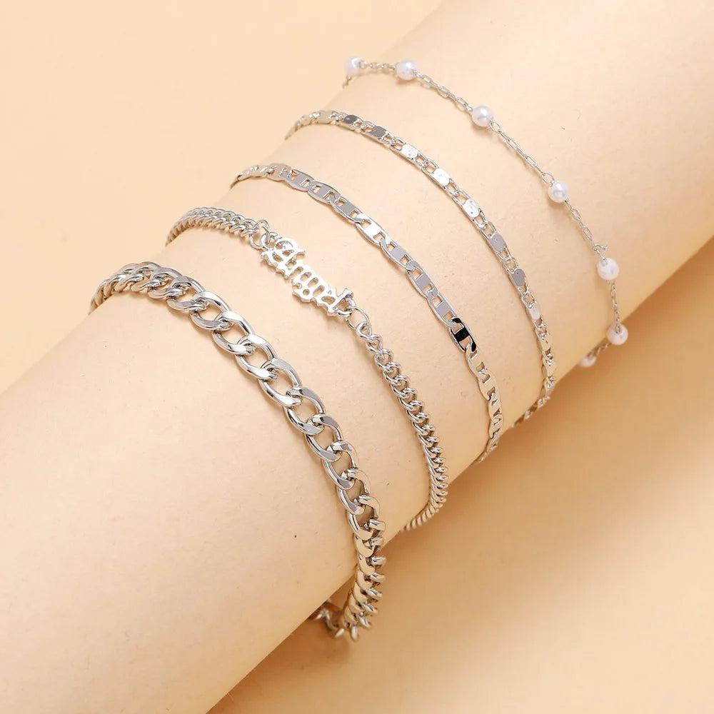 5Pcs Trendy Chain Bracelet Set For Women Angel Letter Gold Silver Color Link Chain Bangle Female Fashion Jewelry Gift