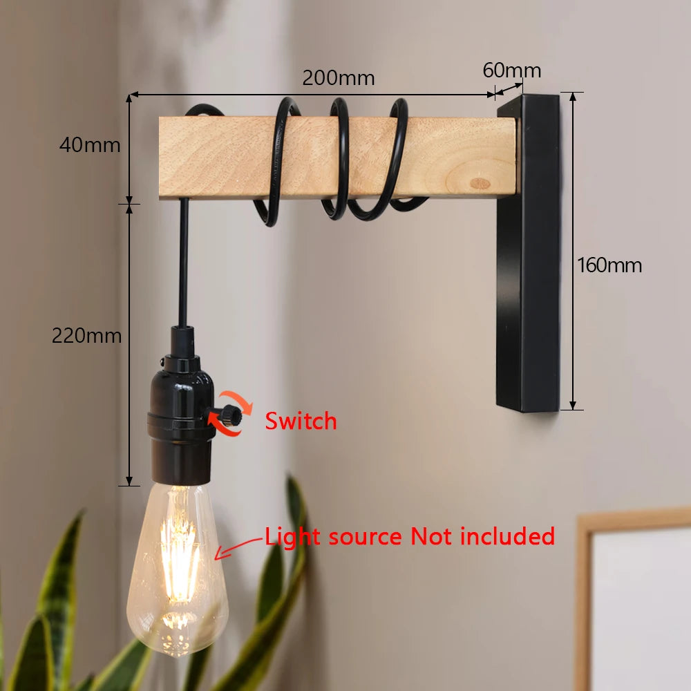 110V/220V Wall light With Switch Function Iron Wood Wall Lamp E27 Retro Wall Light Indoor Sconce Lamp Dining Room Bedside Lamp