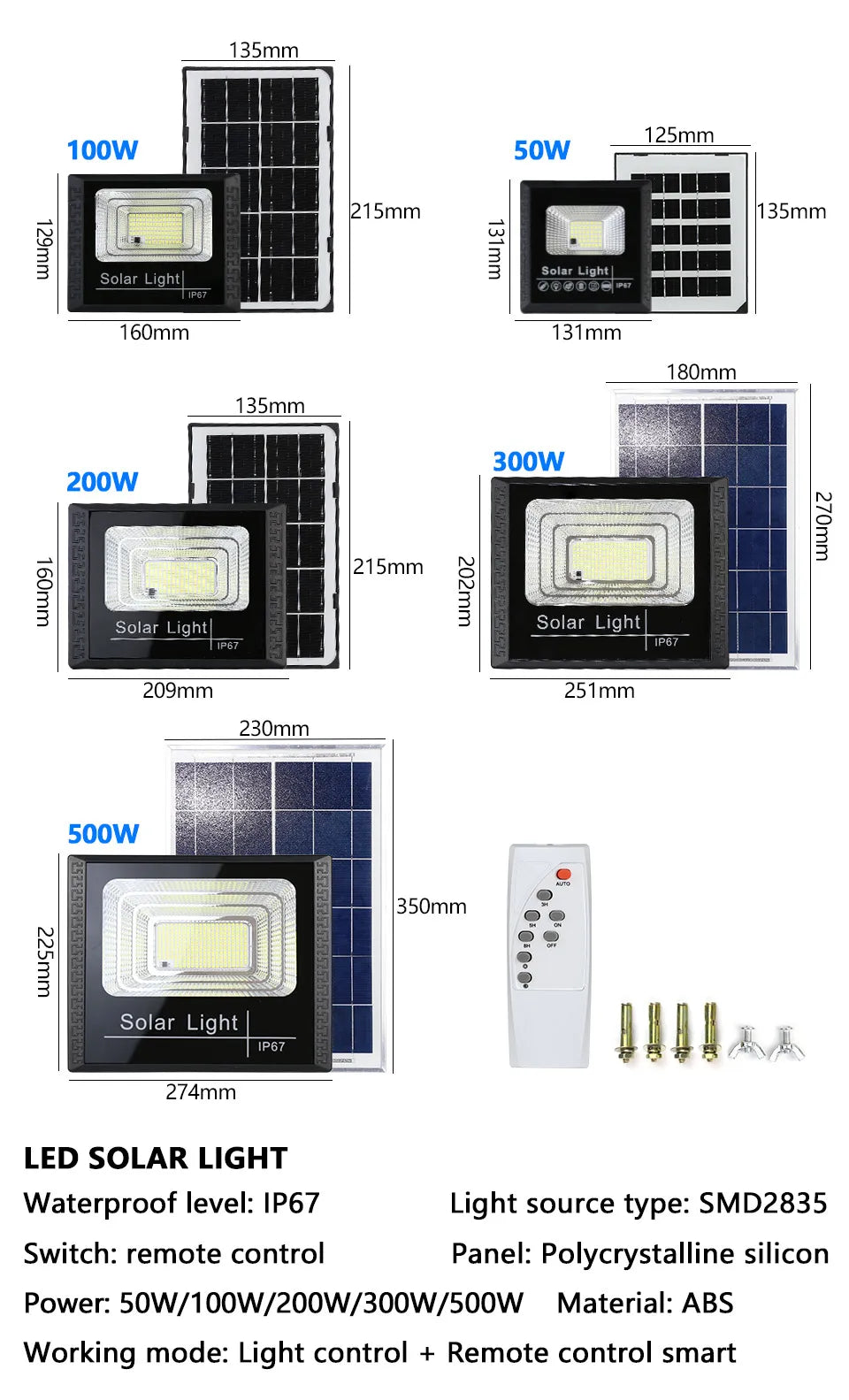 LED Solar Light 100w 200w 300w 500w Powerful Waterproof Outdoor Garden Solar Reflector Spotlights With Remote Control Solar Lamp