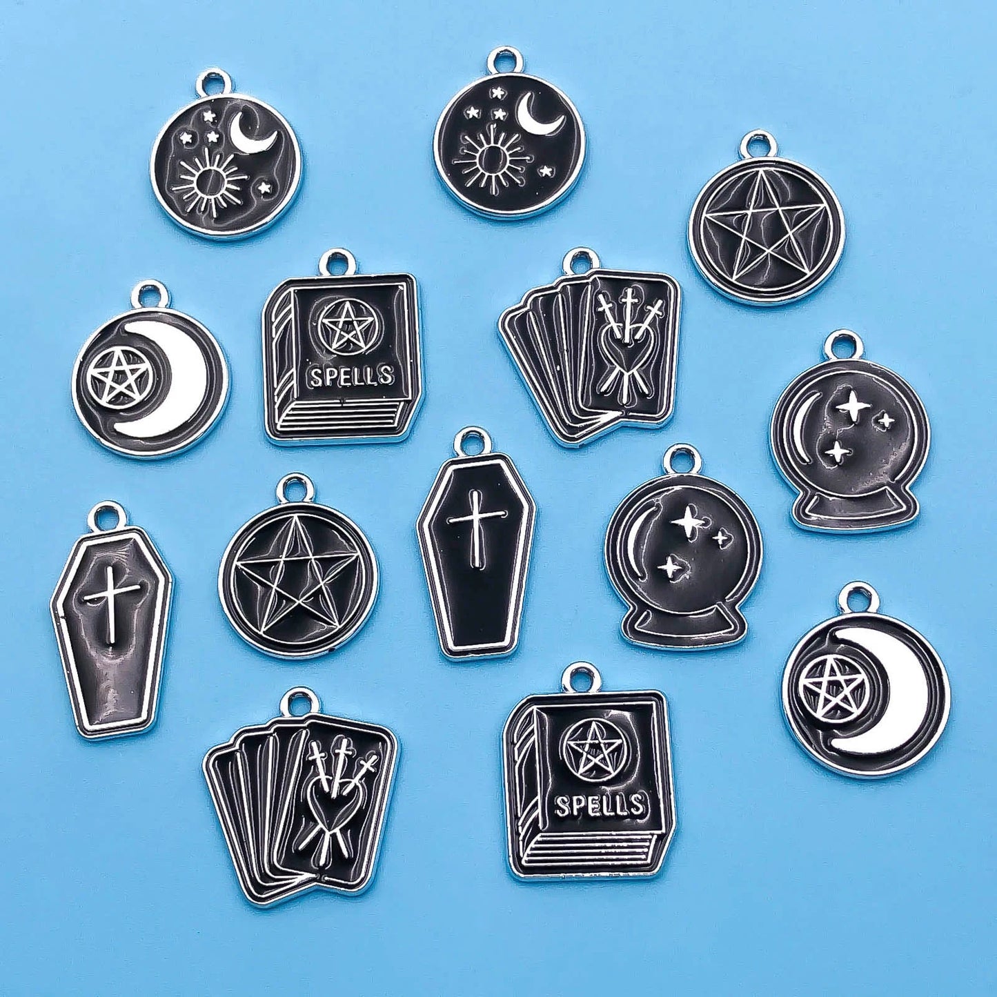 10/14pcs/pack Moon Star Cross Book Charms Enamel Alloy Black Magic Book Magic Ball Pendants For Jewelry Making Earring Bracelet