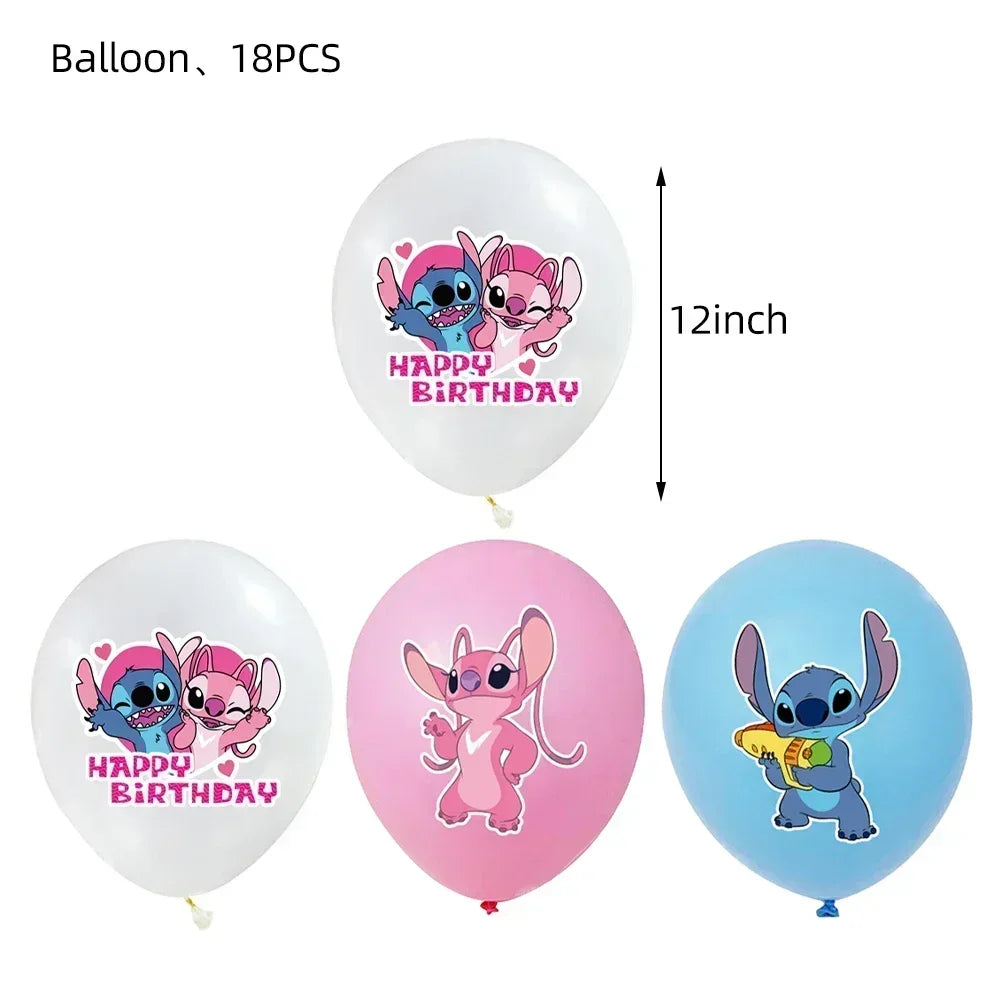 Disney Children's Party Decoration Pink Cartoon Interstellar Stitch Angel Series Disposable Tableware Flag Balloon