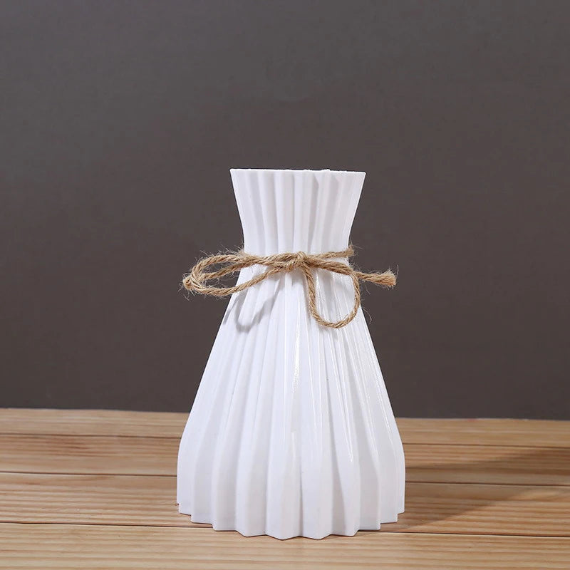 1Pc Narrow Waist Origami Striped Tabletop Vase Simple Home Decor Creative Twine Bow Imitation Ceramic Plastic Flower Vase