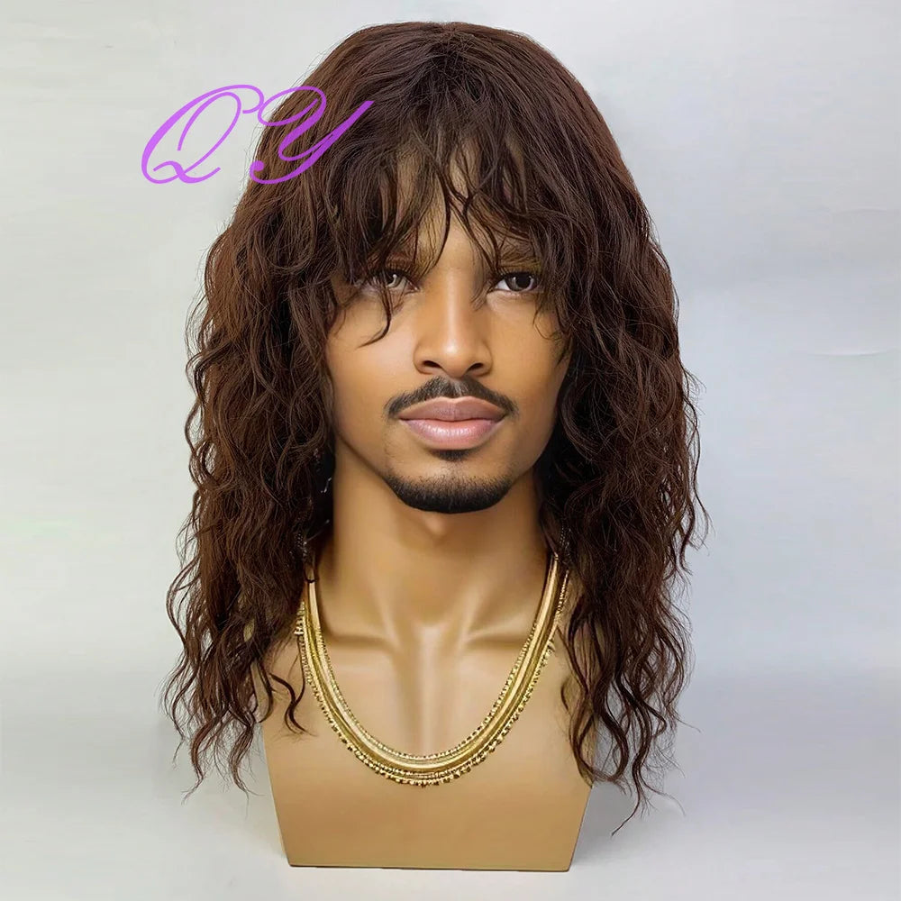 Synthetic Men Wig Natural Curly Dark Brown Color Male Wig With Bangs Water Wave Daily or Cosplay Adjustable Man Hair Wig