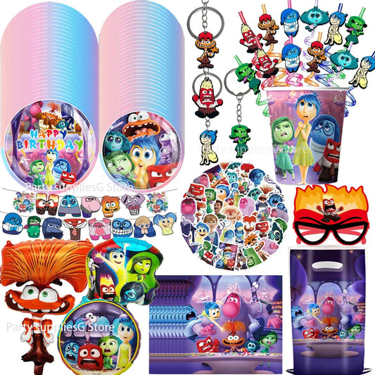 Inside Out 2 Happy Birthday Party Decoration Cartoon Theme Tableware Kit Balloons Joy Sadness Supplies Kids Gifts Party Supply