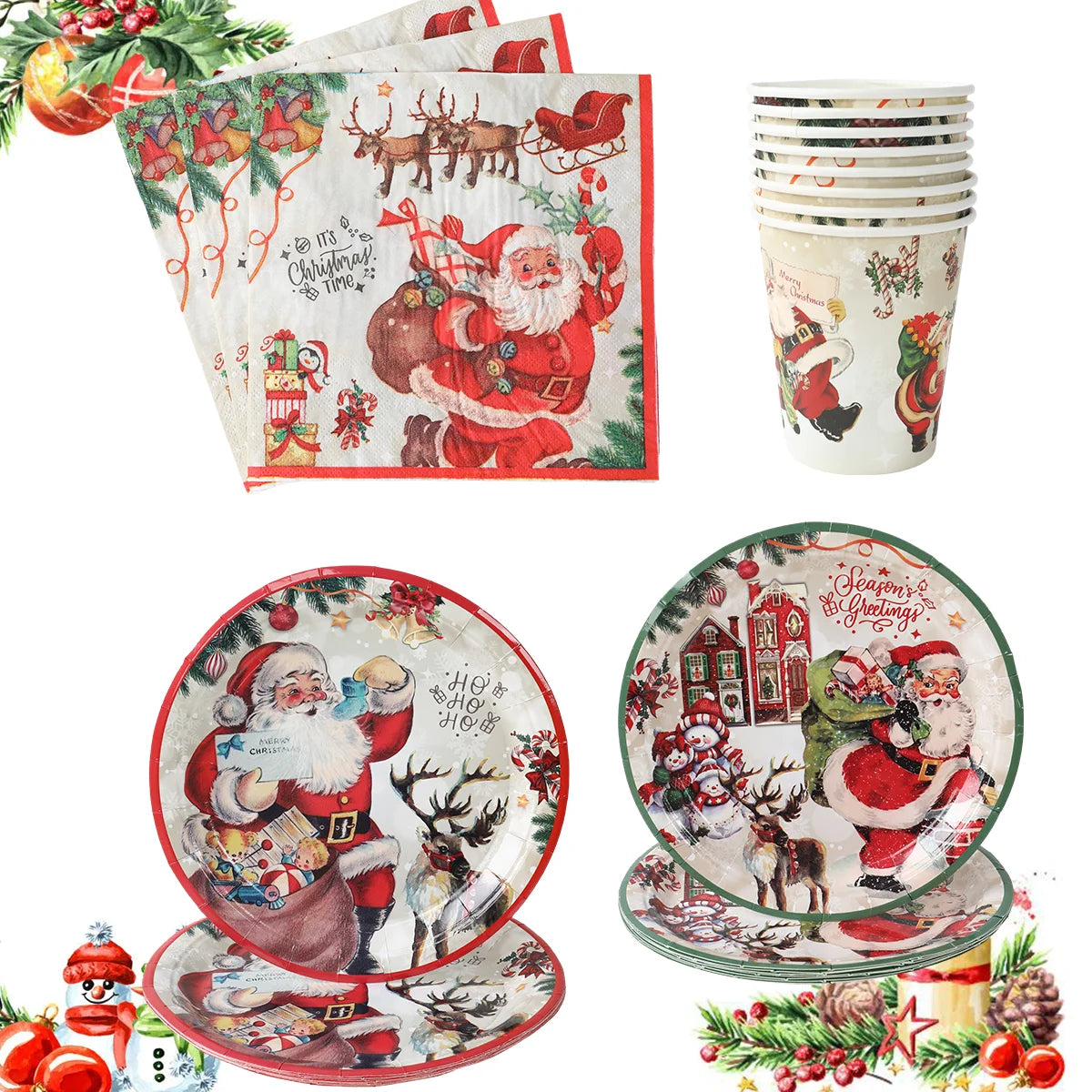 Christmas Party Disposable Tableware Santa Elk Paper Plates Paper Cups Merry Christmas Decorations 2024 For Home Xmas Ornaments