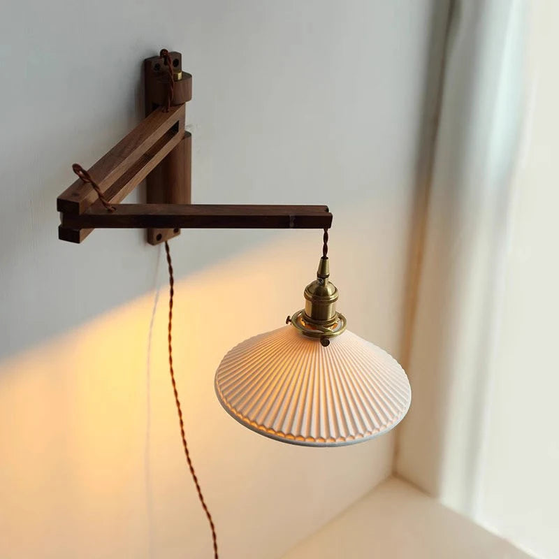 Vintage foldable solid wood walnut wood wall lamp wabi-sabi Japanese brass ceramic homestay bedroom bedside wall lamp