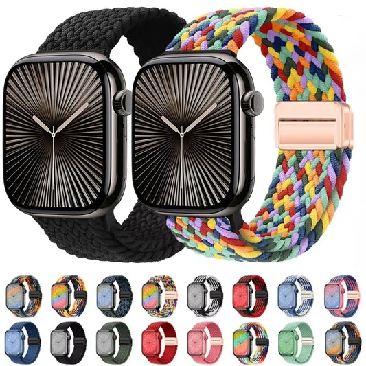 Nylon Braided Loop Strap for Apple Watch Ultra2 49mm 10 9 8 7 46mm 45mm 41mm Metal Magnetic Bracelet for 6 5 4 SE 44mm 40mm Band