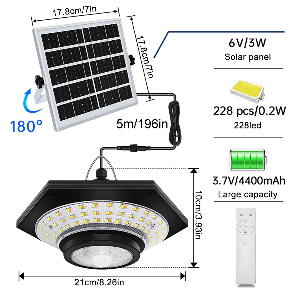 Solar Pendant Shed Lights Outdoor 228 LEDs 5 Modes Solar Motion Sensor Light Waterproof Remote Timers Barn Gazebo Garage Garden