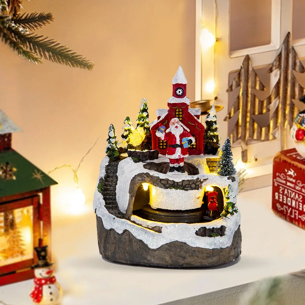 Christmas Village House with LED Lights and Music Rotating Train Resin Christmas Village Building Christmas Gift Home Decoration