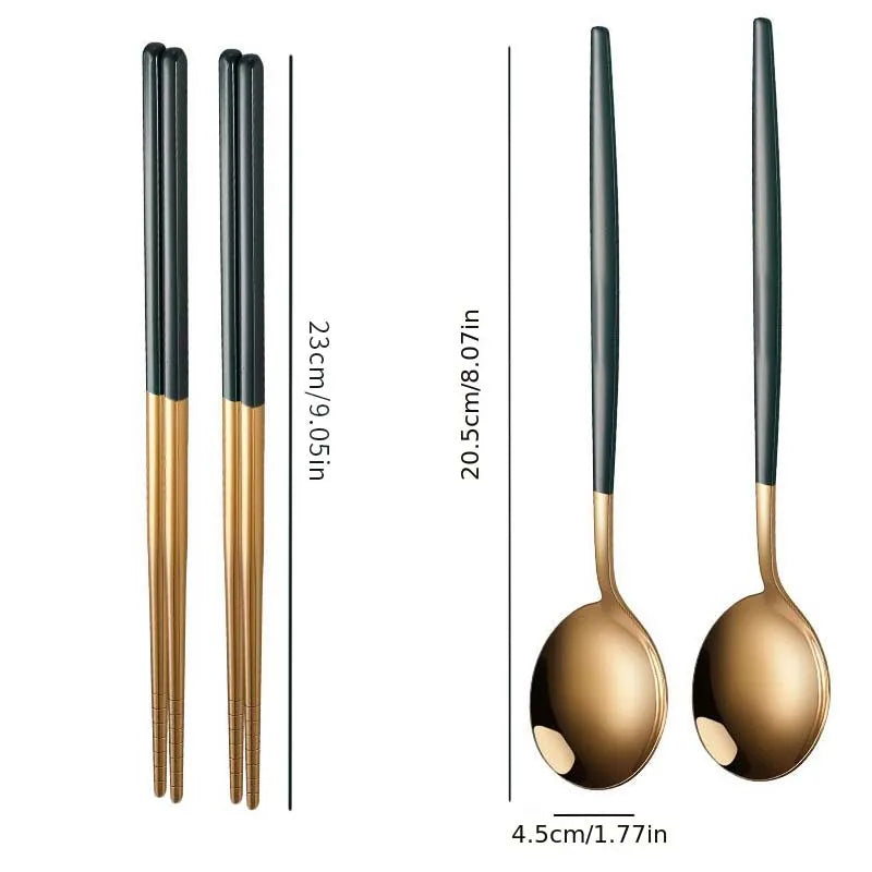 4pcs Household Black Gold Cutlery Set Chopsticks Spoon Green Gold Stainless Steel Dinnerware Set Luxury Tableware Set