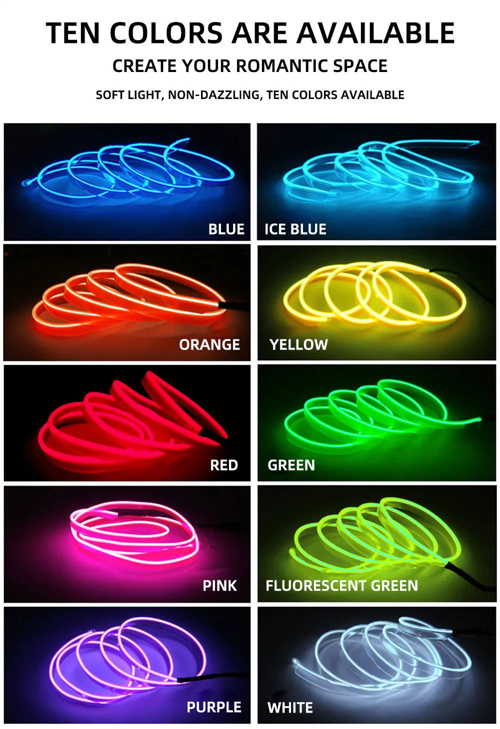 5M EL Wiring Neon Strip with USB LED Car Interior Decoration Light DIY Flexible Ambient Light Car LED Strip Soft Rope Tube