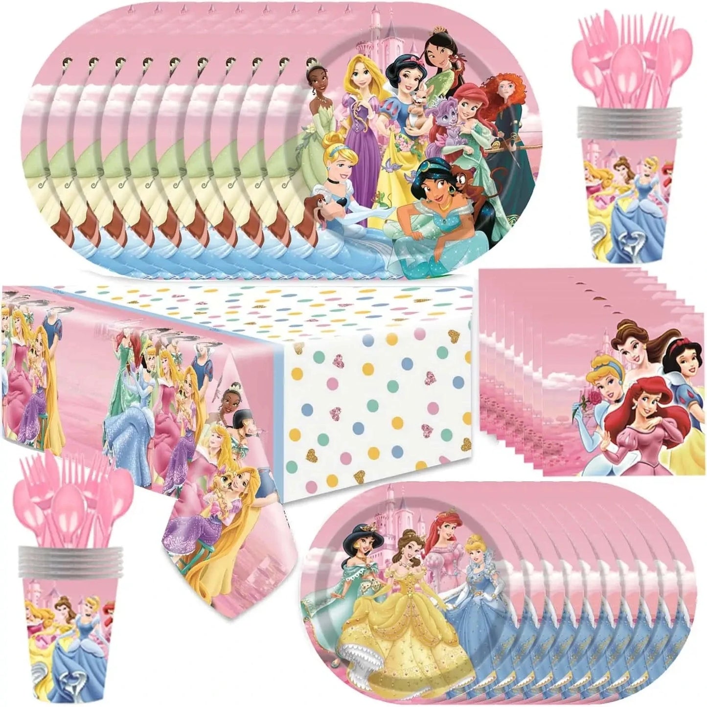 Disney Princess Theme Party Decorations Disposable Tableware  Girl Birthday Party Supplies Princess Cup Plate Tablecloth Set