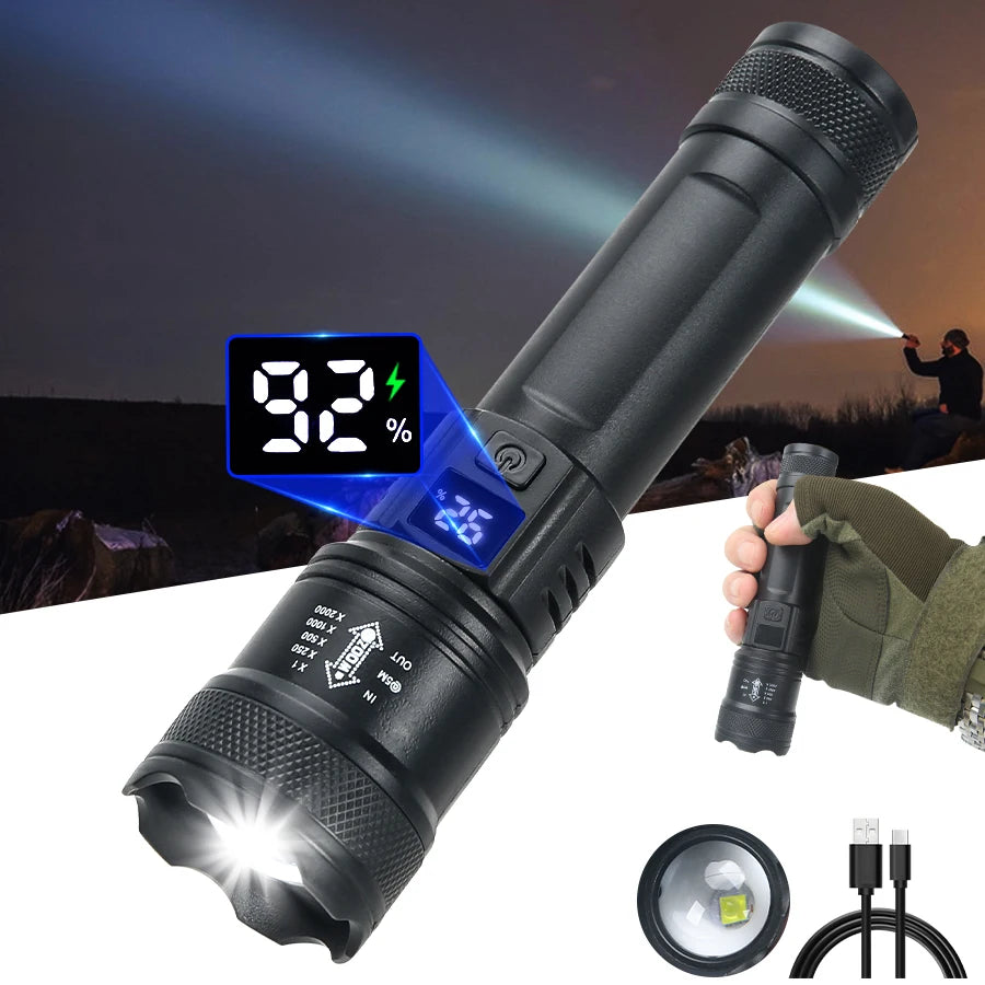 9900LM Powerful LED Flashlight Battery Display USB Rechargeable Light Telescopic Zoom Torch Lamp Outdoor Camping Fishing Lantern