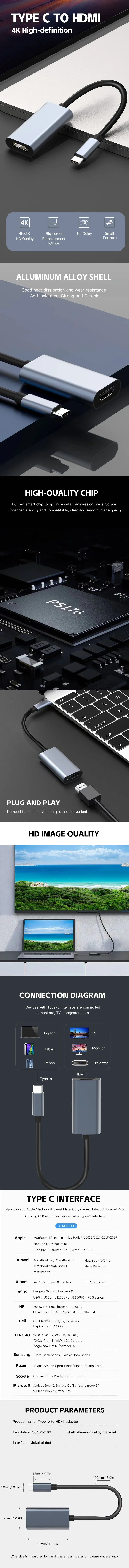 TYPE C to HDMI 4K Adapter USB C USB3.1 Male to HDTV Female Converter Cable for Laptop Tablet TV MacBook