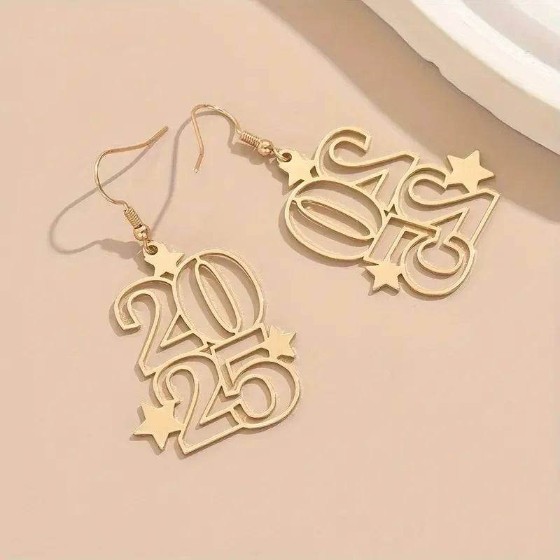 New Creative Gloden Number 2025 Dangle Earrings for Women Fashion New Year Earring for Party