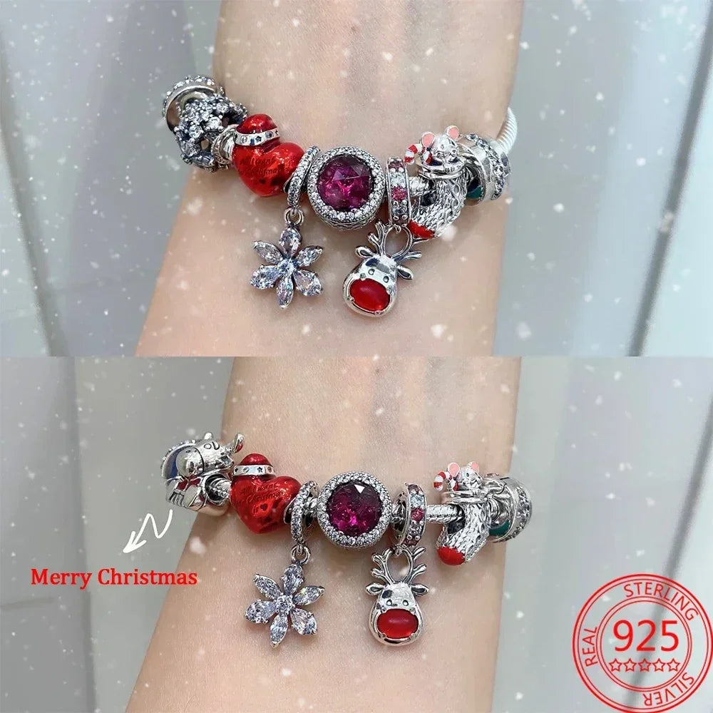 Christmas Series 925 Sterling Silver Hat Heart Red Reindeer Festive Car & Christmas Tree Dangle Charm Fit DlY Bracelet Necklaces