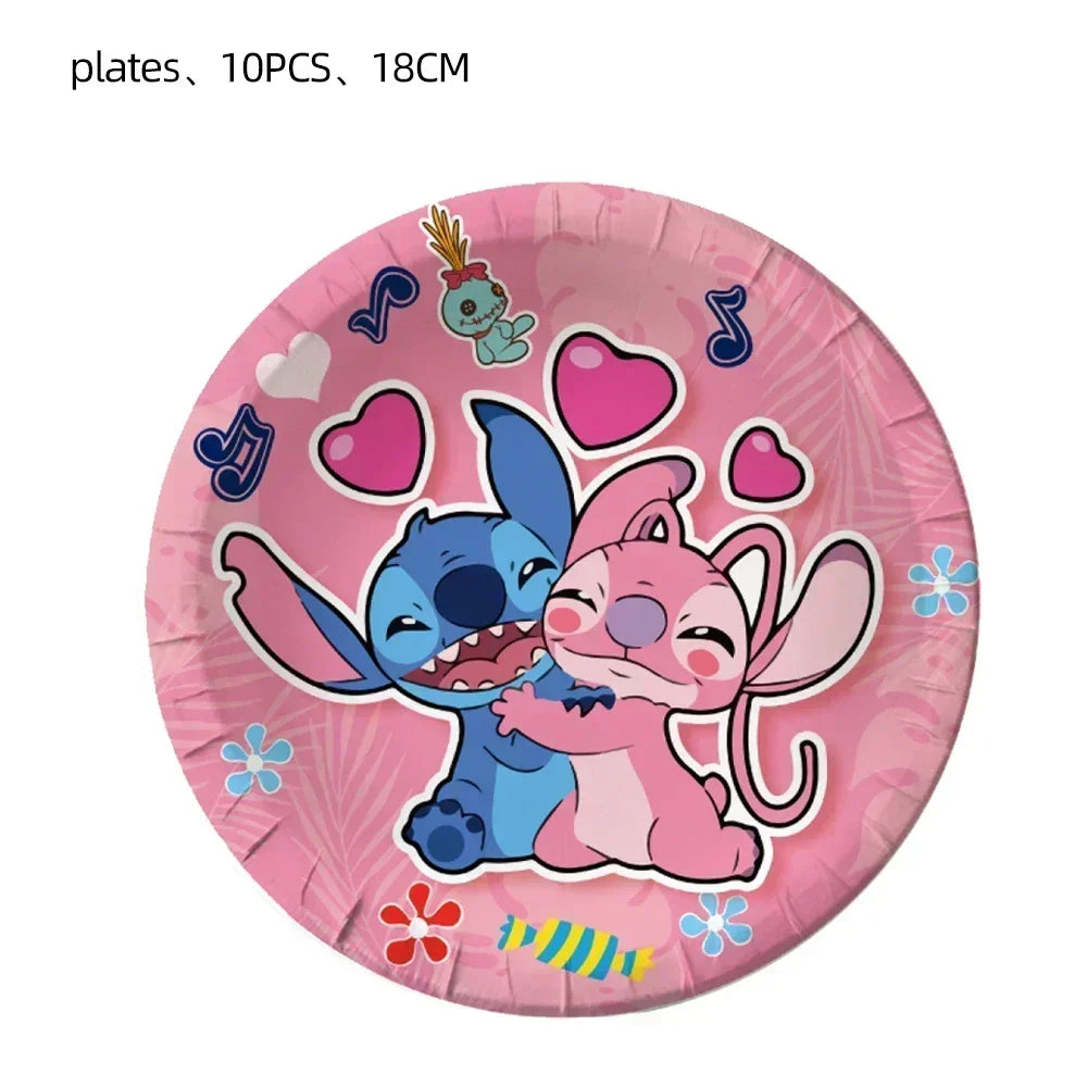 Disney Children's Party Decoration Pink Cartoon Interstellar Stitch Angel Series Disposable Tableware Flag Balloon