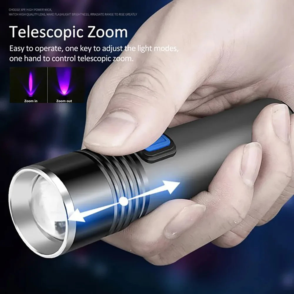 395nm UV Flashlight Blacklight Zoomable USB Rechargeable UV Light Ultraviolet Flashlight for Pet Urine Detector Resin Curing