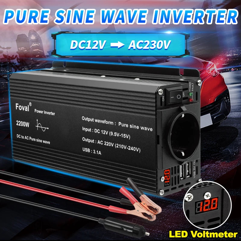 Pure Sine Wave Inverter DC 12V to AC 220V 230V 1500W/2200W/2600W Voltage Transfer Converter Universal EU Socket Auto Accessories