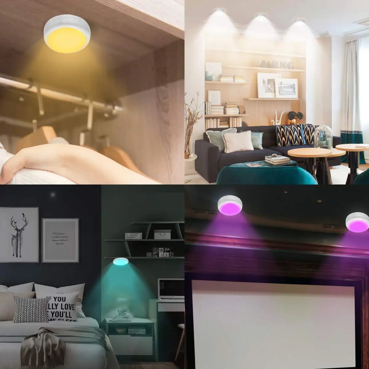 RGB LED Puck Lights with Remote Battery Powered Interior Closet Under Cabinet Light Lamp for Kitchen Bedroom Wardrobe Decoration