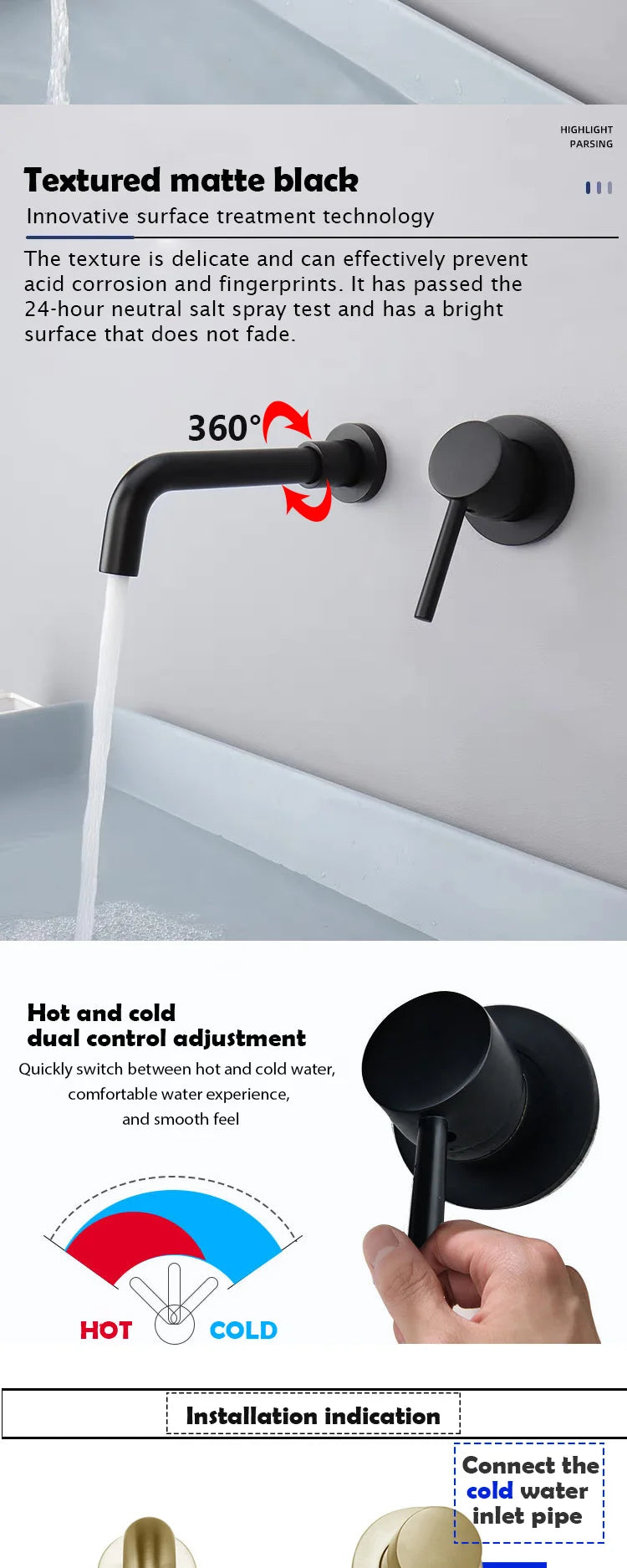 Bathroom faucet hot and cold wall mounted brass basin mixer sink tap washbasins single handle matt black White gold set shower