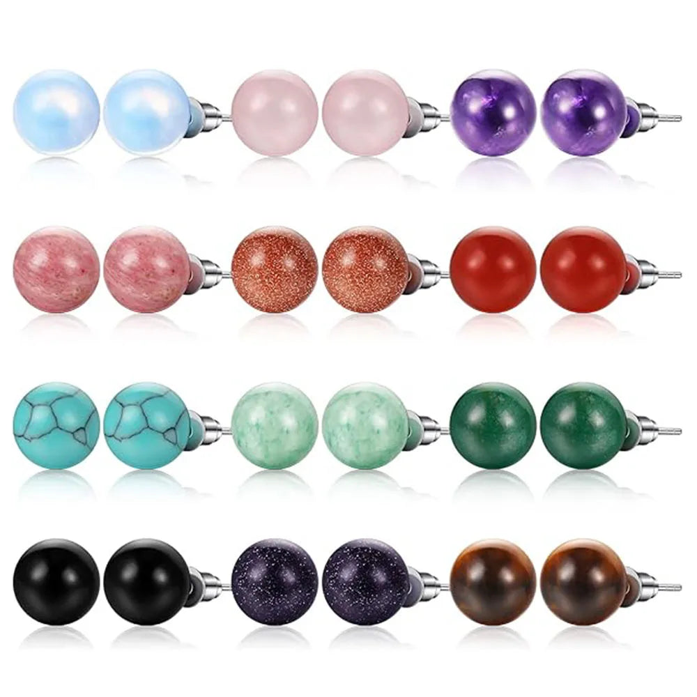 Natural Stone Crystal Round Ball Beads Studs Crystals Gemstone Amethyst Rose Quartz Agate Fashion Earrings Jewelry for Women