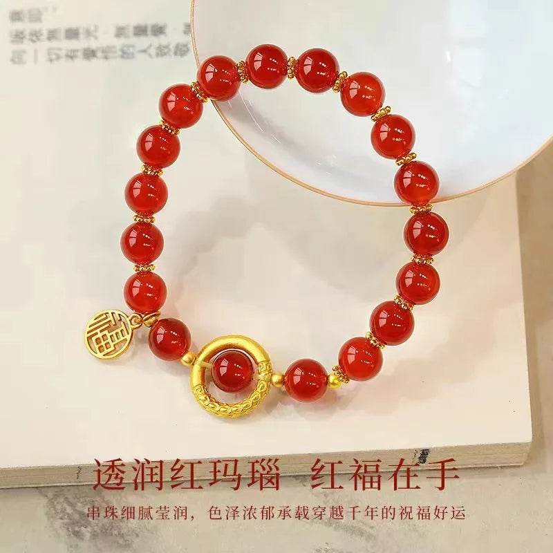 Real gold and red agate acacia bean bracelet AU999 pure gold fortune brand bracelet womens temperament 24k jewelry wholesale