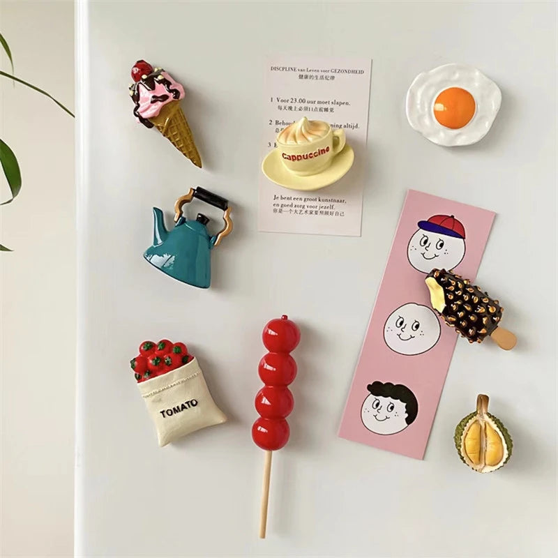 Creative Fridge Magnets Food Series 3D Simulation Eggs Bread Tomatoes On Sticks Breakfast Decoration Resin Refrigerator Sticker