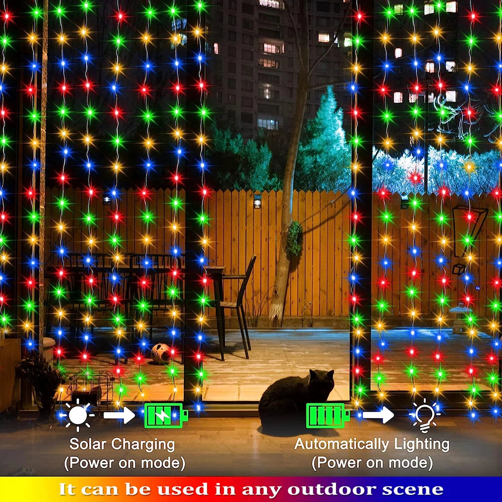 Outdoor Solar Curtain Light 300LED Waterproof String Lights Garden Yard Pavilion Fairy Garland String Lights Holiday Decor Light