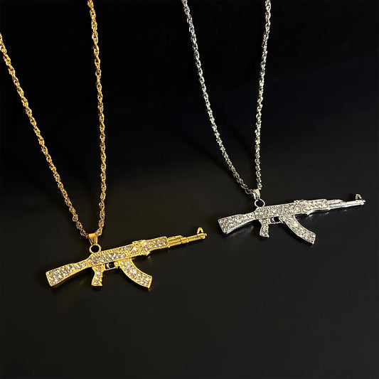 ZAKOL Hiphop&Rock AK47 Rifle&Gun Pendant Necklaces For Men Women Crystal Metal Clavicle Chain Choker Party Daily Jewelry Gifts