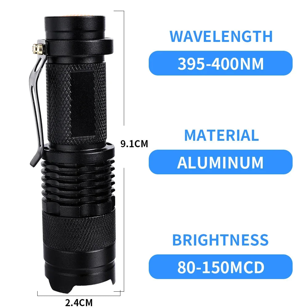 UV Portable Flashlight 365/395nm Black Light Mini Flashlight Zoom LED Ultra Violet Flashlights for Fluorescence Detection Torch