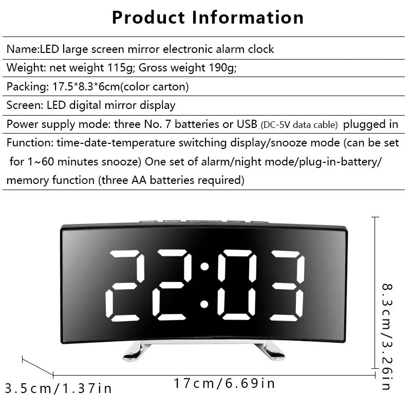 Creative Curved Electronic Clock, LED Large Screen Plug-in Battery Dual-purpose Mirror Alarm Clock, Student Bedroom Dedicated