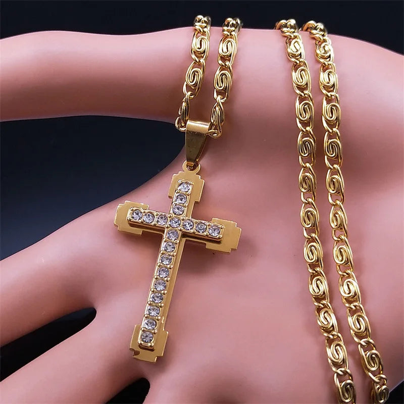 HNSP Cross Necklace Pendant Stainless Steel Luxury Zircon Jewelry Neck Accessories Christian Catholic Rosaries