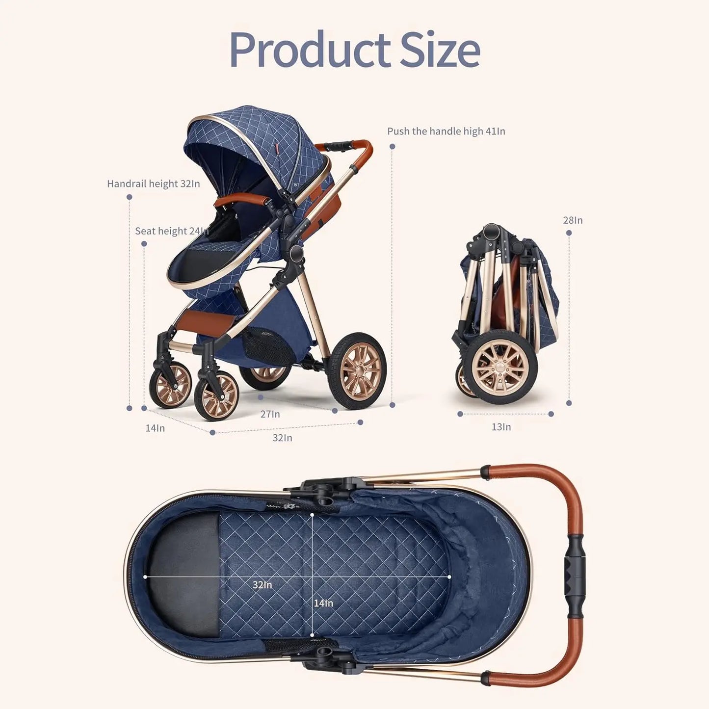 Luxurious Baby Stroller with Infant Carrier, Baby Carriage with Detachable Bassinet for Newborns, 2 Way Facing (A-Blue)