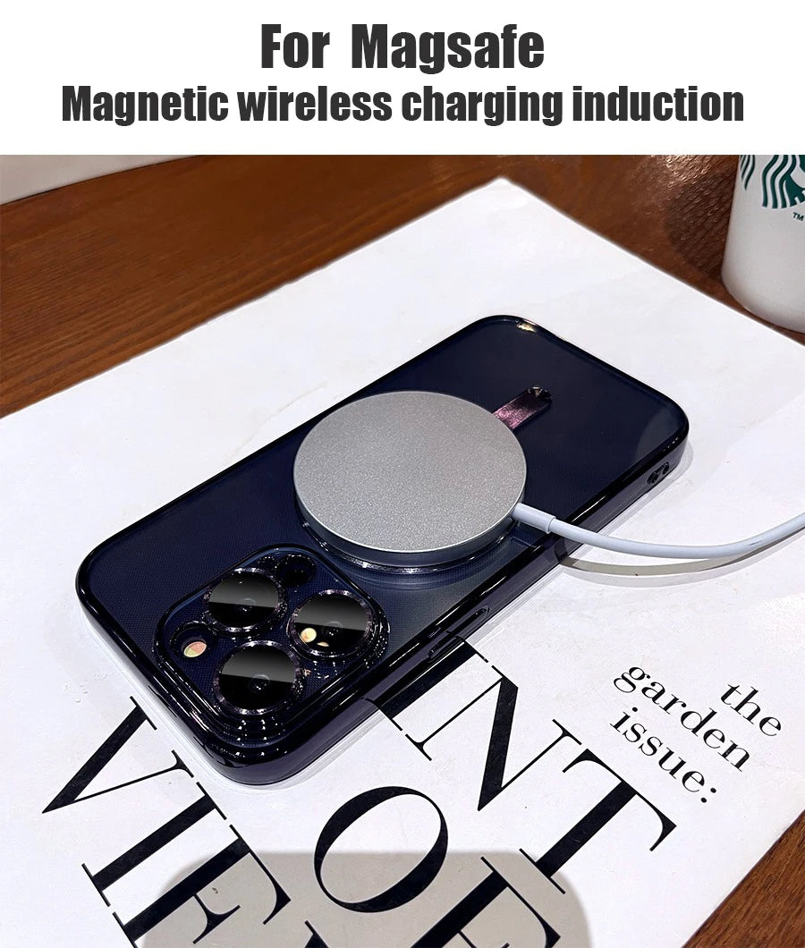 Plating Soft TPU Full Lens Protect Case For iPhone 16 15 14 13 12 11 Pro Max Plus Magsafe Magnetic Wireless Charging Clear Cover