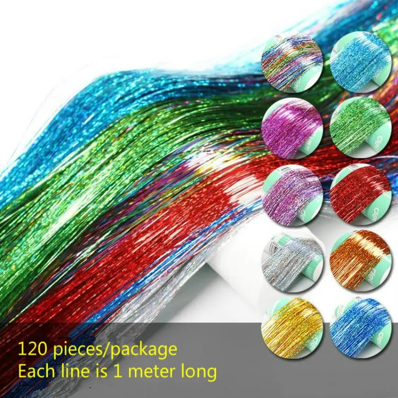 Long 90cm 200 Strands Sparkle Hair Tinsel Hair Rainbow Shiny Silk Hair Extensions Dazzles Women Hippie For Braiding Headdress