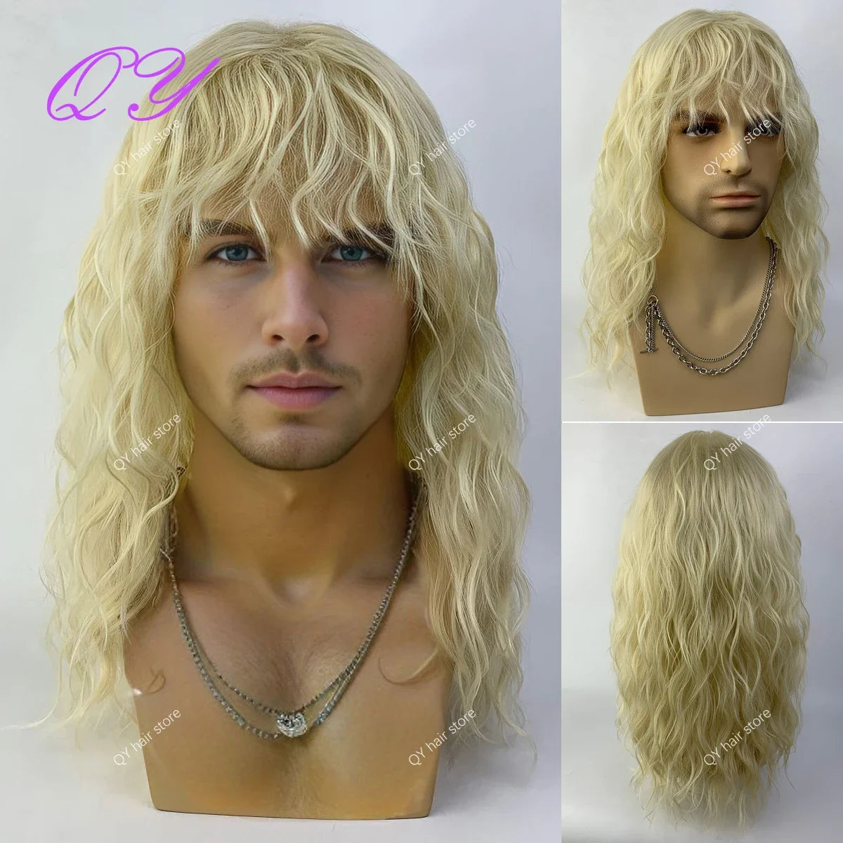 Synthetic Men Wig Natural Curly Dark Brown Color Male Wig With Bangs Water Wave Daily or Cosplay Adjustable Man Hair Wig