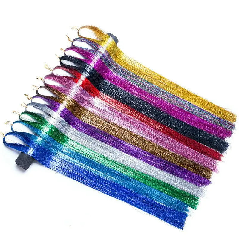 Long 90cm 200 Strands Sparkle Hair Tinsel Hair Rainbow Shiny Silk Hair Extensions Dazzles Women Hippie For Braiding Headdress