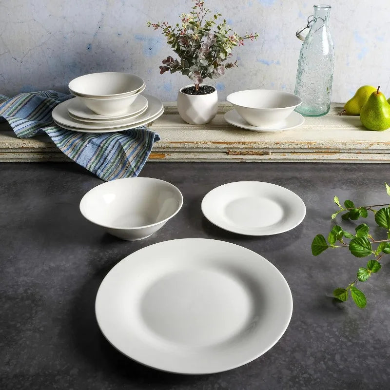 Round 12 Piece Porcelain Chip and Scratch Resistant Dinnerware Plates and Bowls Set, Scratch & Chip Resistant