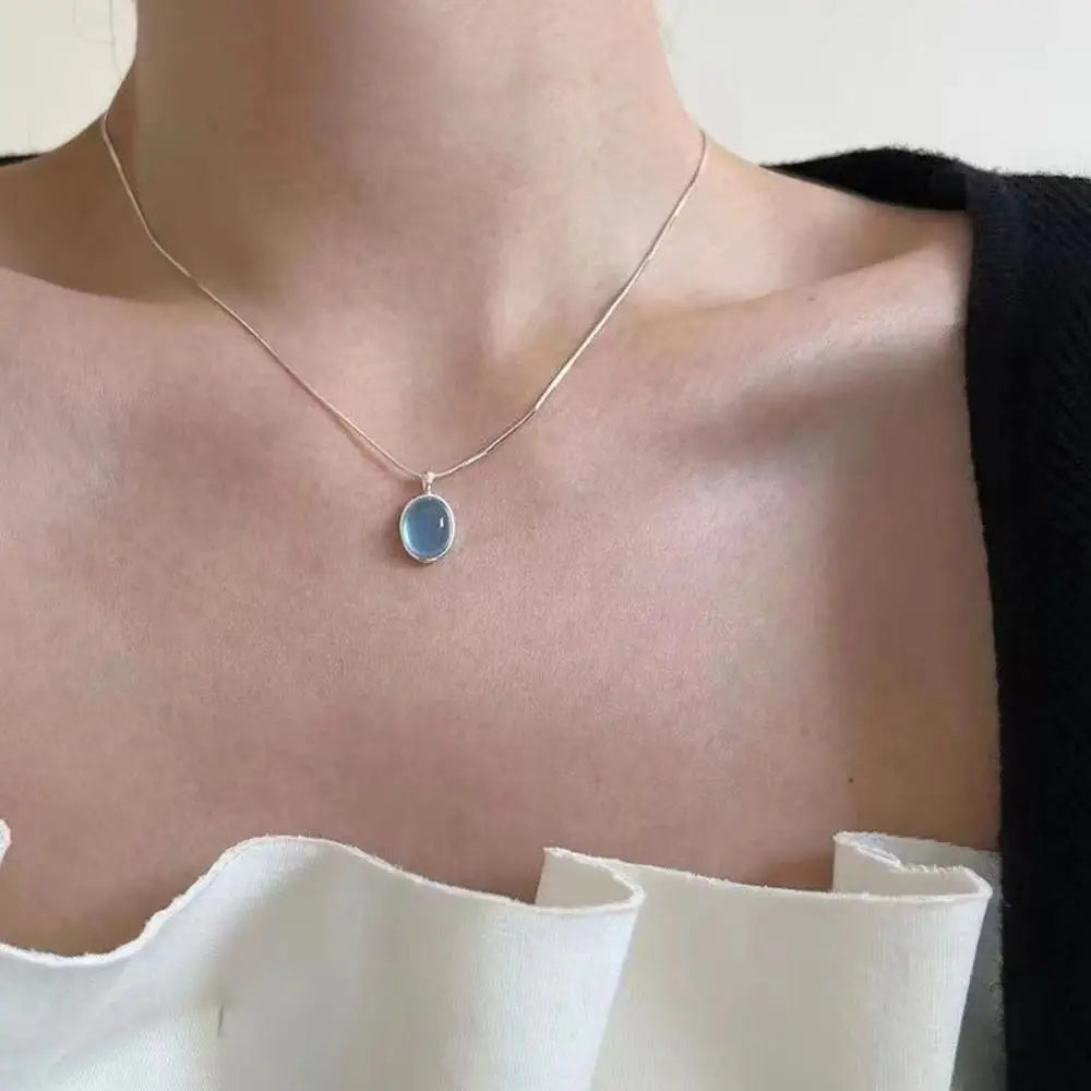 Silver Color Oval Aquamarine Pendant Necklace Ladies Girls Luxury Snake Chain Necklace Fashion Jewelry Gifts For Women 2024 New