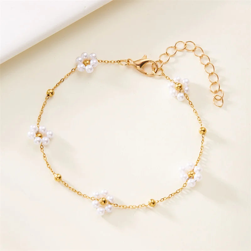 Sweet Cute Crystal Pearl Flower Bracelets for Women Fashion Gold Color Chain Charm Bracelet Necklace Jewelry Wholesale