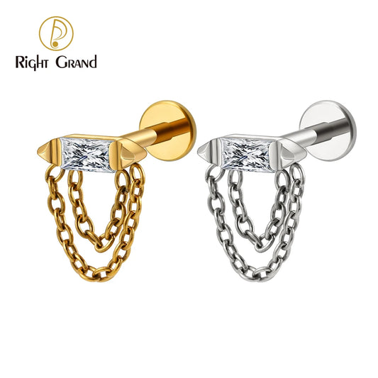 Right Grand ASTM F136 Titanium 16G Baguette CZ Bar Double Chain Drape Tassel Stud Earring Cartilage Helix Flat Back Piercing