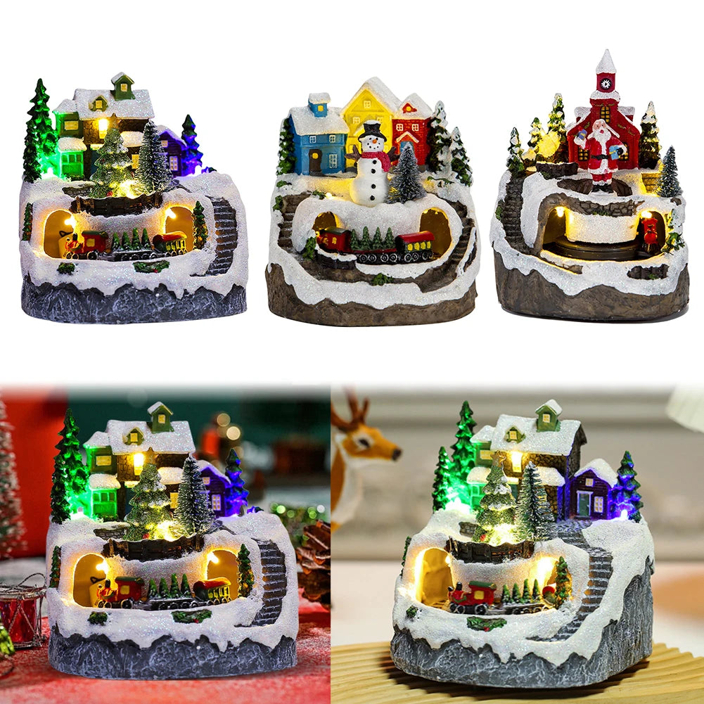 Christmas Village House with LED Lights and Music Rotating Train Resin Christmas Village Building Christmas Gift Home Decoration