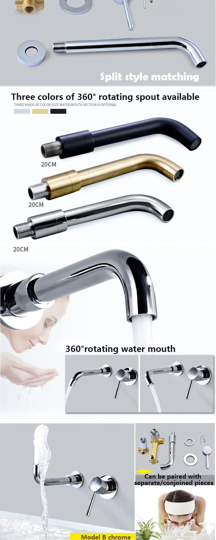 Bathroom faucet hot and cold wall mounted brass basin mixer sink tap washbasins single handle matt black White gold set shower