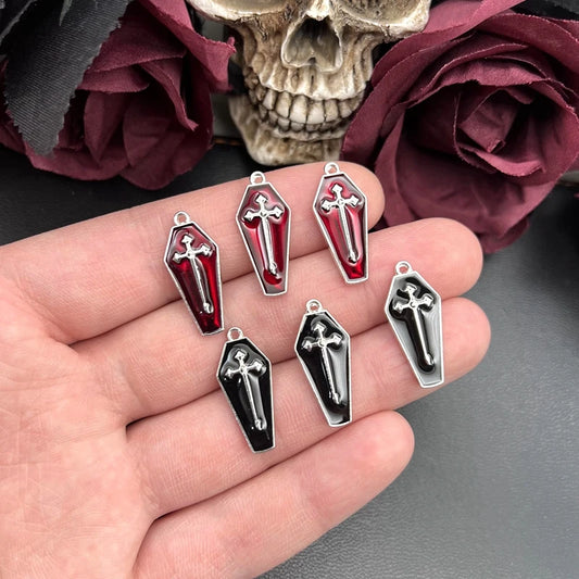 10pcs 26*11mm Enamel Halloween Charms Vampire Cross Coffin Pendants for Necklace Keychain Diy Jewelry Making Accessories