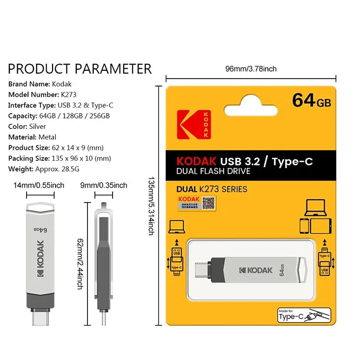 KODAK USB3.2 Type C Flash Drive 256GB 128GB 32GB Pendrive High Speed Dual Memory Stick For Smartphone Laptop