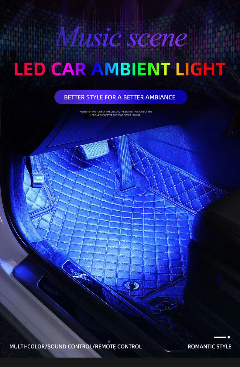 LED Car Music Light Strip 48LEDs USB Smart Bluetooth APP Control Waterproof Multi-color RGB Car Interior Atmosphere Light Strip