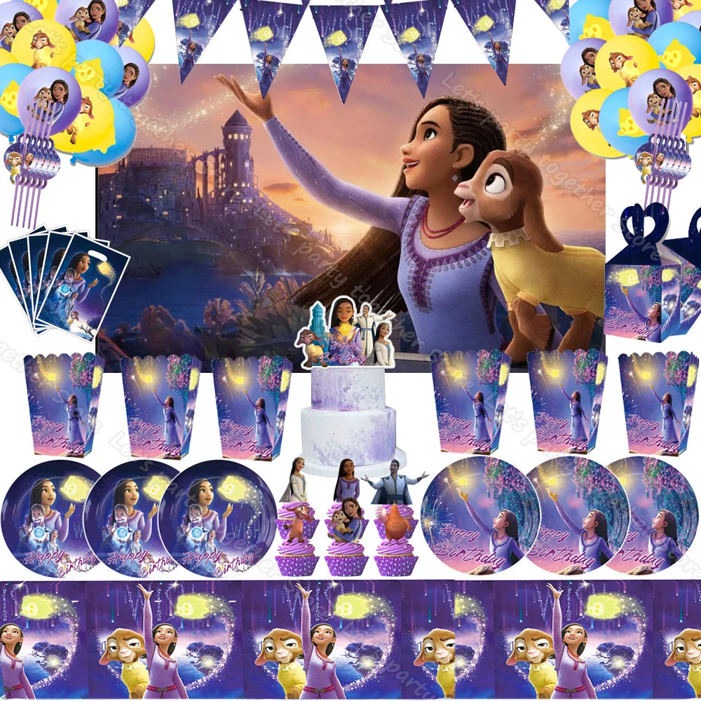 Disney Star Wish Asha Princess Girl Birthday Party Decorative Anime Figures DIY Gift Party Supplies Tableware Foil Ballon Famliy